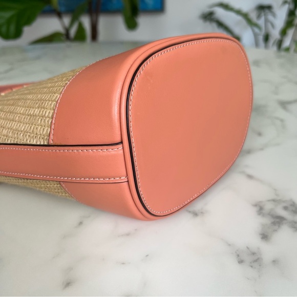 COACH Woven Straw Bucket Bag Crossbody F72707 Natural Light Coral Leather Gold - Picture 10 of 16